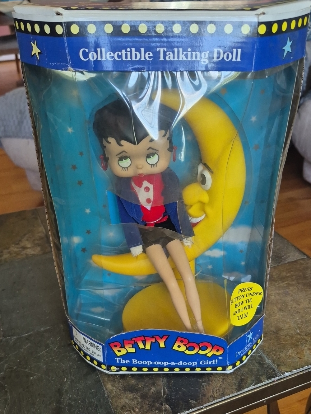 New In Box Betty Boop Doll in Blue Jacket with Yellow Moon Stand New Batteries.